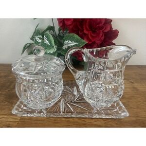 Vintage Cut Crystal Cream Sugar Set with Tray Starburst Fan Pattern Retro Dining